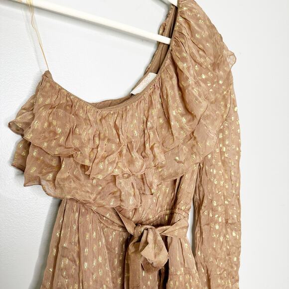 Rococo Sand Aine One Shoulder Tan Gold Ruffle Mini Dress Medium - Picture 5 of 11
